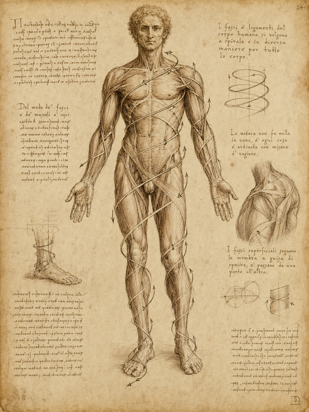 Leonardo's study of spiral anatomy — fascial lines wrapping the human form in helical patterns