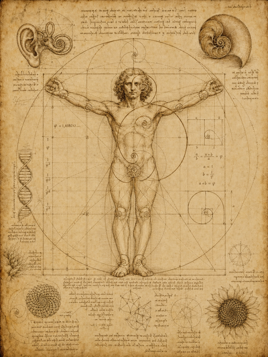 The Vitruvian Man reimagined with golden ratio spirals and Fibonacci geometry